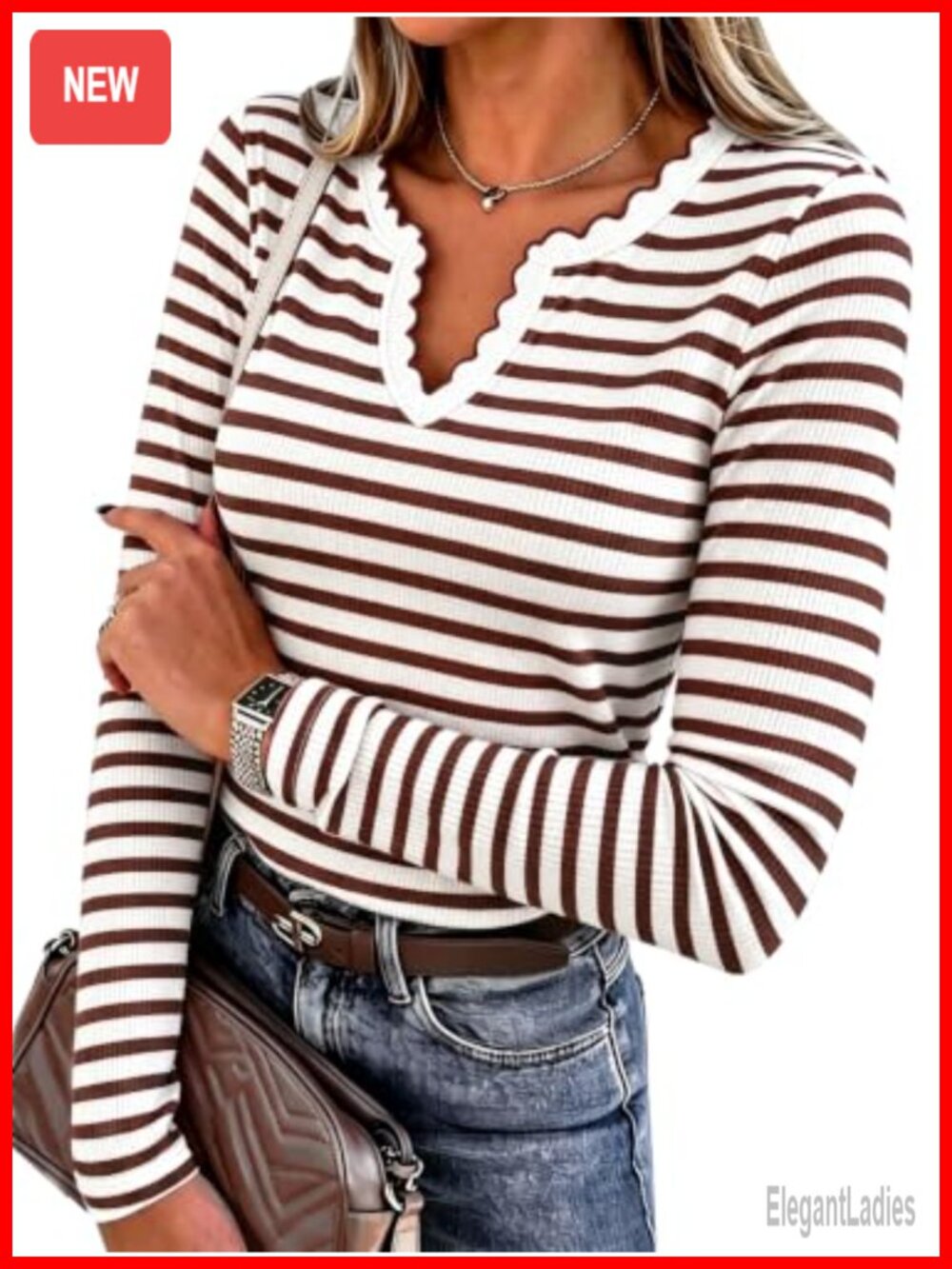 Striped Sweater Polo V Neck Long Sleeve Slim Fit Ribbed Knit Pullover